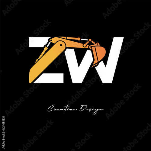 ZW Excavator Arm Construction Logo - Bold Industrial Letter mark Design for Heavy Equipment, Contractor Branding & Modern Engineering Identity