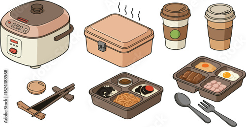 Colorful food illustration set for mealtime cooking or takeout