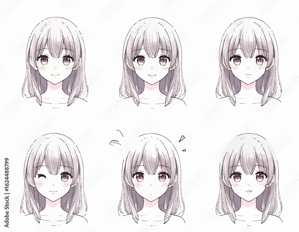 Anime girl with soft facial expressions and cute emotions. Cute anime girl showing various sweet and playful faces. Set of anime girl faces with happy and surprised expressions. Expressive anime girl Anime girl with soft facial expressions and cute emotions. Cute anime girl showing various sweet and playful faces. Set of anime girl faces with happy and surprised expressions. Expressive anime girl