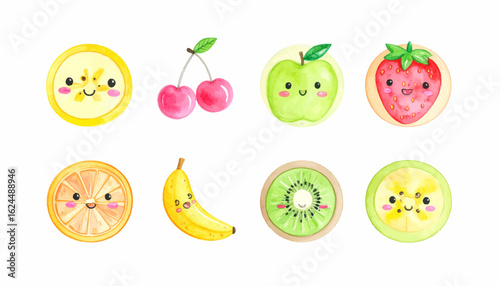 Cute fruit illustrations, ideal for kids' decor and designs. Watercolor fruit characters with playful faces and vibrant hues. Cute fruit designs featuring watermelon, pineapple, and banana.