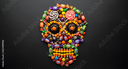 Colorful candy skull composition against a dark background symbolizing Halloween festivities