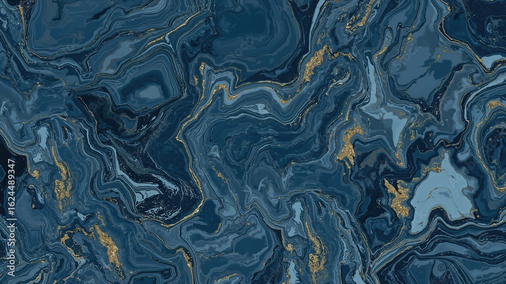 Fototapeta premium Two-dimensional abstraction displaying blue marble combined with golden and gray wave elements.
