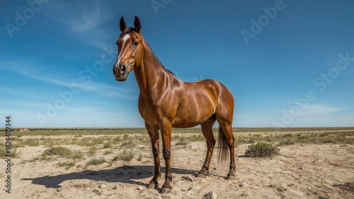 Sandy terrain with a desert breed horse under bright sunlight