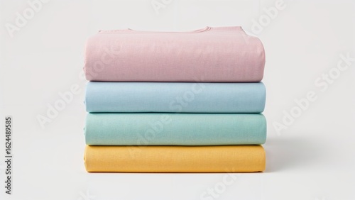 Various soft-colored shirts displayed on a clean backdrop.