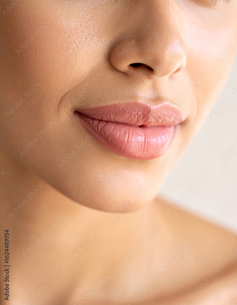 Obraz premium Detailed close-up of a woman's beautiful rosy lips and healthy skin