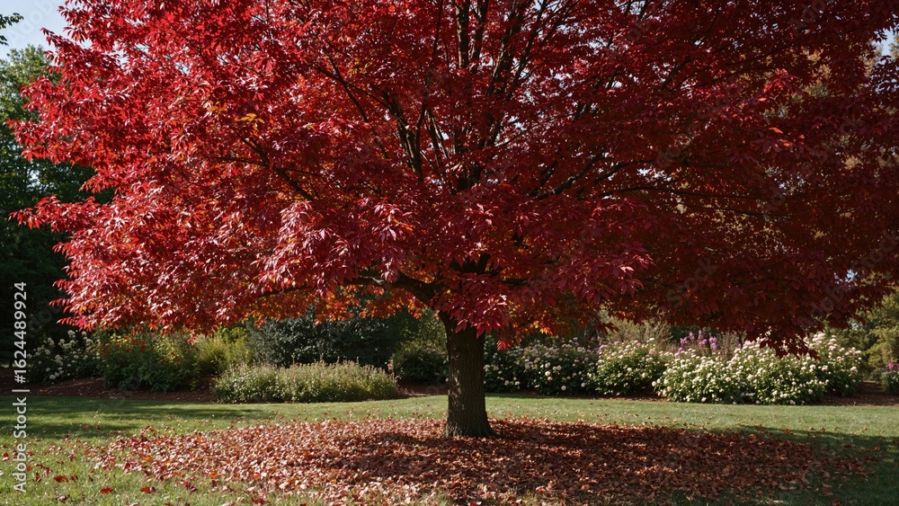 Naklejka premium A vibrant red maple tree located in a public garden