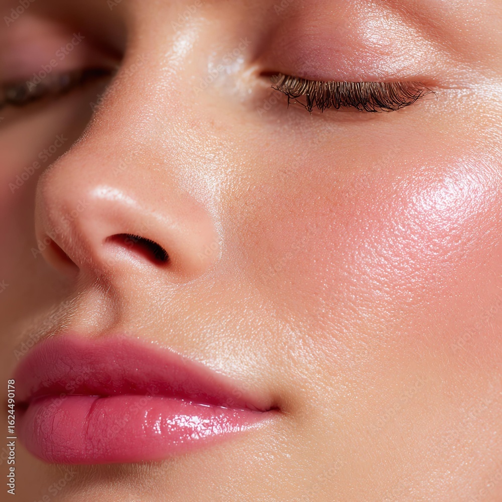 Fototapeta premium Hydrated Plump Skin with Glycerin Close-up of a woman's serene, radiant face. Hydrated Plump Skin with Glycerin glow close-up