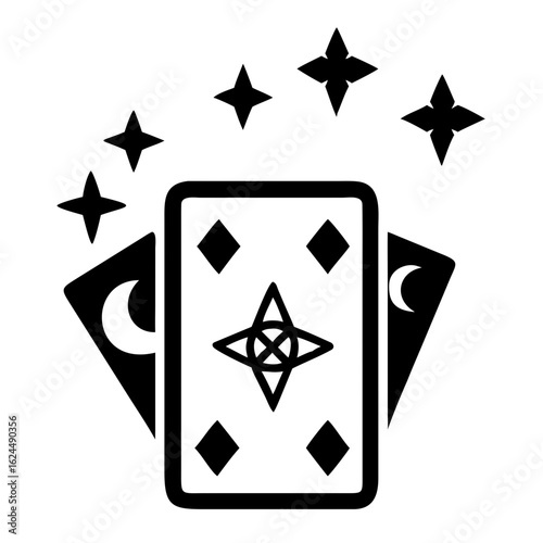 Deck with magic symbol featuring playing cards and mystical stars for divination or entertainment. Magic symbol adds charm and intrigue to deck of cards, perfect for games or fortune-telling purposes.