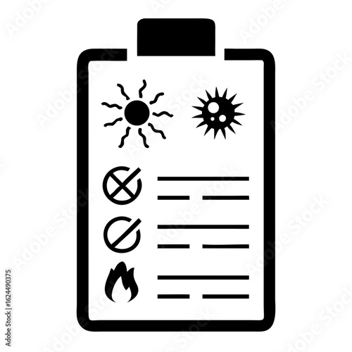 Allergy card with symbols representing sun, fire and restrictions for managing allergies and health conditions. Allergy card includes important information and reminders for safety and awareness.