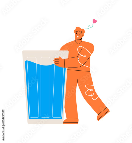 Man carry huge glass with Water. Colorful vector illustration