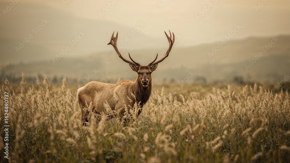 Fototapeta premium Deer antlers peeking through dense grass