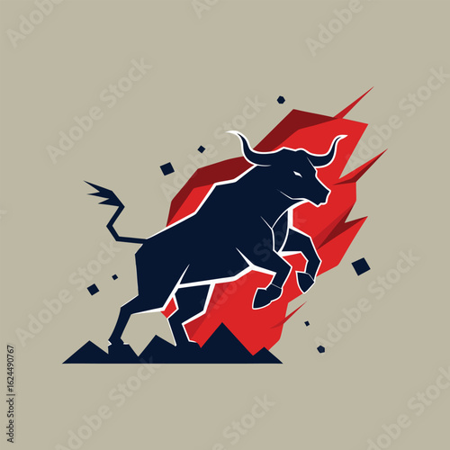 Silhouette of a powerful bull in motion against a backdrop of abstract red shapes and geometric elements, conveying energy, force, and dominance