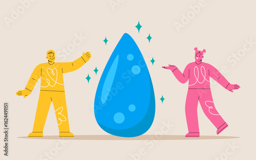 Daily water needs. Man and woman with water symbol. Colorful vector illustration