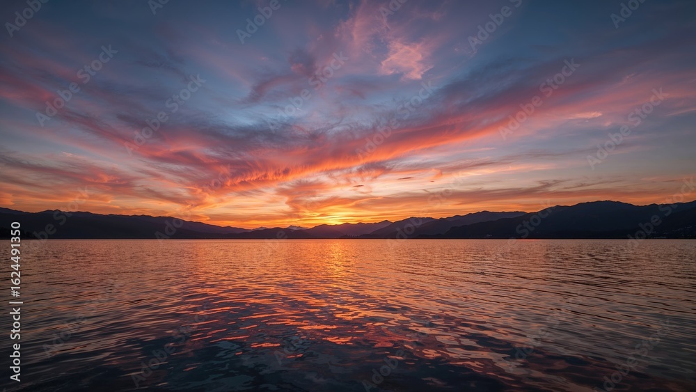 Obraz premium A tranquil sea reflecting the hues of a dramatic sunset sky