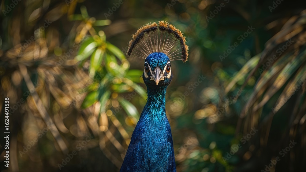 Naklejka premium Close-up shot of a male peafowl, Pavo cristatus bird.