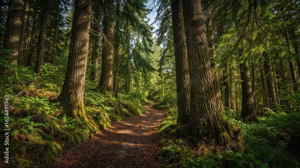 Fototapeta premium A dense woodland with a pathway winding through it