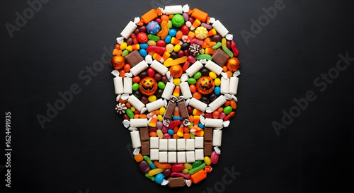 Halloween confection collection: A candy skull arrangement on a dark background