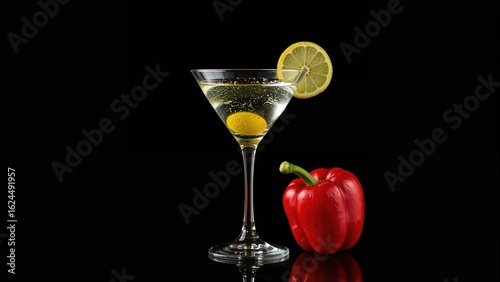 Wallpaper Mural Artistic setup showing a lemon-topped martini, vibrant red bell pepper, and fresh lemon lit against black Torontodigital.ca