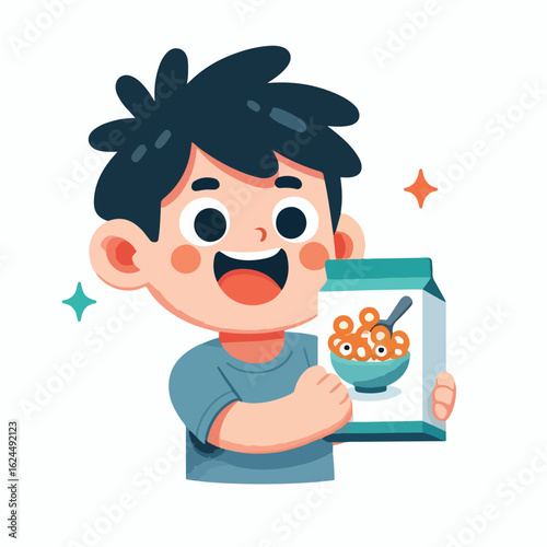 Happy child holding cereal box