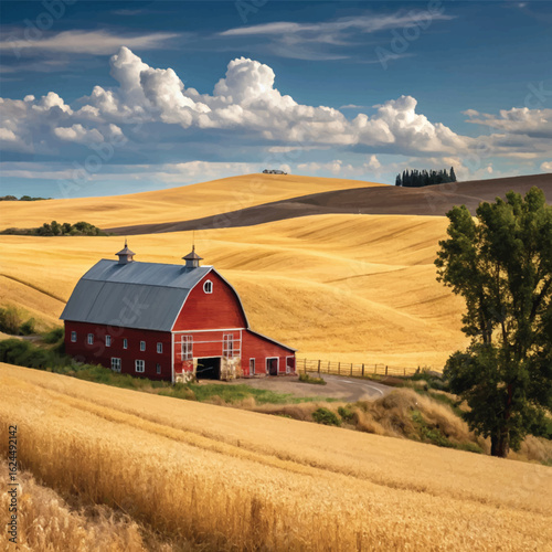 A picturesque farm scene featuring a vibrant red barn set against a backdrop of golden wheat fields under a clear blue sky. This tranquil landscape embodies rural serenity.
 