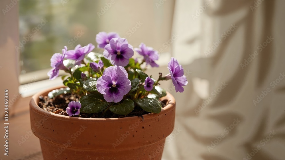 Fototapeta premium Potted violet flowers flourishing near a sunny window area.