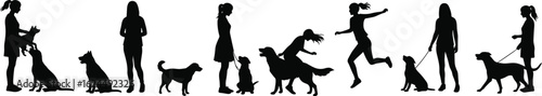 Silhouettes of a girl with her dog in various poses and interactions, including playing and walking, for pet care and companionship concepts.