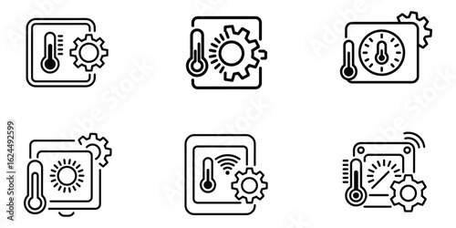 Set of six line art icons representing smart thermostat control and temperature monitoring with gears and wi fi signals