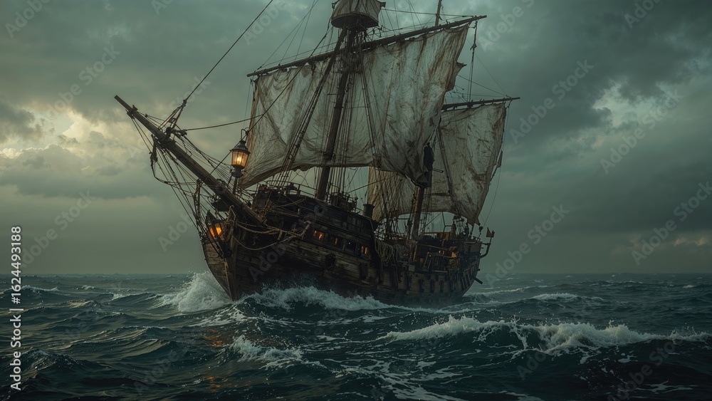 Fototapeta premium An old phantom ship sailing through turbulent ocean waves generated by AI