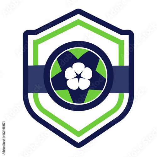 Soccer Clover Badge: Neon Green and Navy Emblem with Stylized Ball and Luck Motif