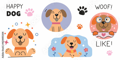 Collection of happy cartoon dogs with playful elements and text like happy dog woof and like
