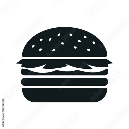 Simple black silhouette of a hamburger with multiple layers, including a bun, patty, and lettuce, isolated on a white background, symbolizing fast food and american cuisine