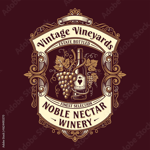 An elegant, vintage wine label design with a bottle, grapes, and ornate scrollwork for a winery.