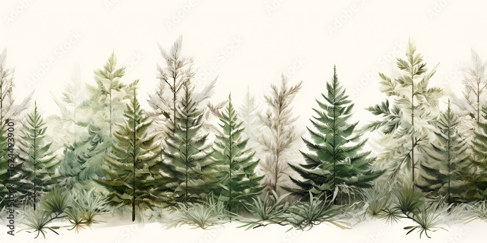 Obraz premium Pine Tree Forest Landscape in Winter, Calm Snowy Background for Seasonal Festival and Holiday Celebration