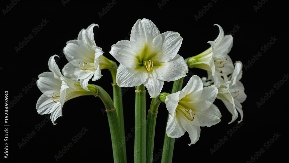 Fototapeta premium Black Background Highlighting White Mini Amaryllis Blooms