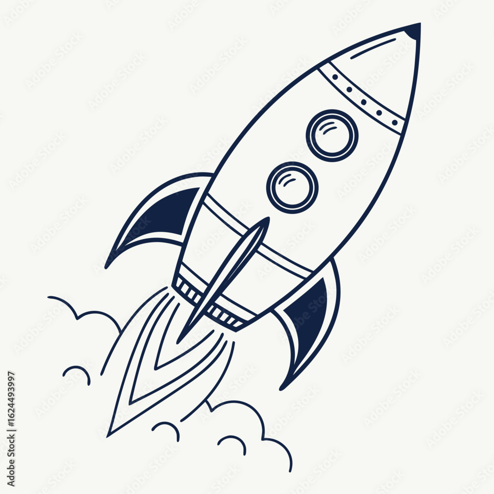Fototapeta premium Simple hand drawn outline of a classic rocket ship blasting off with smoke and flames against a white background