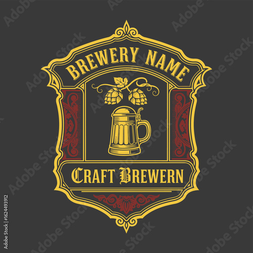 Vintage gold and maroon craft brewery logo design with a beer stein and hops.