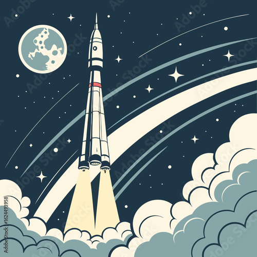 Retro style rocket launching into a starry night sky with moon and orbital trails