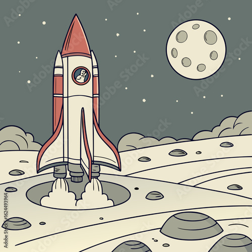 Cartoon rocket ship launching from the moon with a full moon and stars in the background