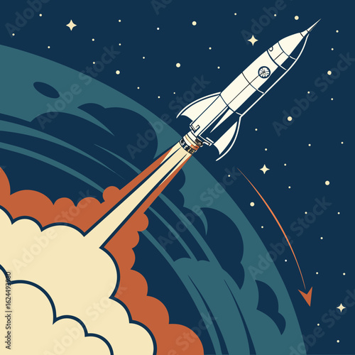 Retro styled rocket launching into space with a planet and stars in the background