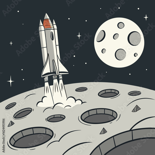 Retro style cartoon rocket launching from the moon s surface with a large moon in the starry night sky
