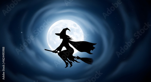 Silhouette of a witch flying on a broomstick against a backdrop of a radiant full moon