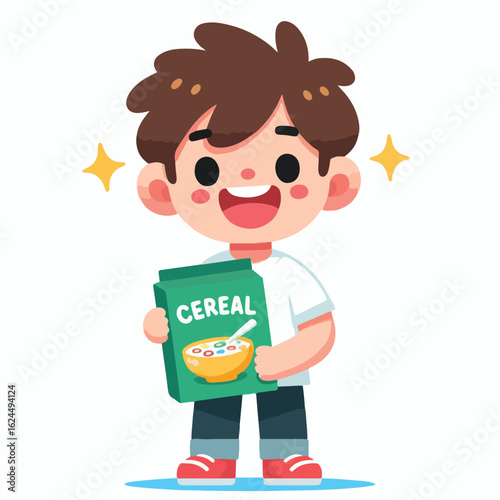 Happy child holding cereal box
