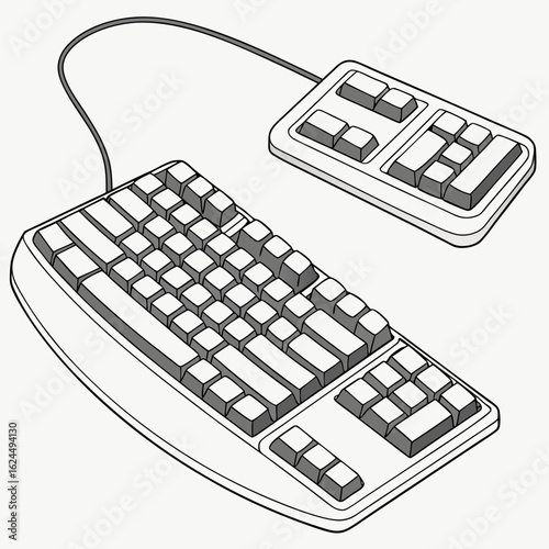 Illustration of a split ergonomic keyboard with a separate numeric keypad on a white background