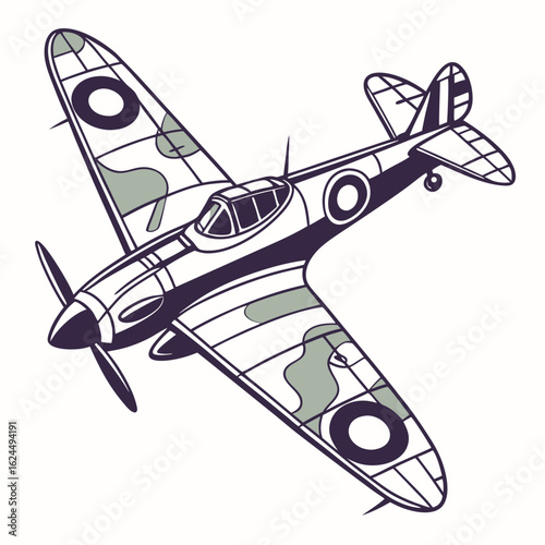 Iconic world war two british spitfire fighter plane in stylized illustration with camouflage markings and roundels