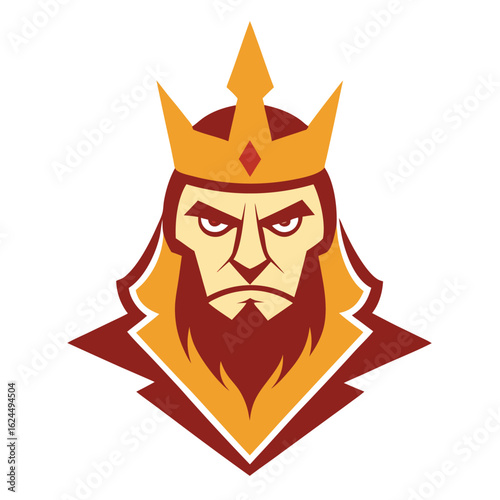 Regal mascot with pointed crown and serious expression in warm-toned fantasy vector design.