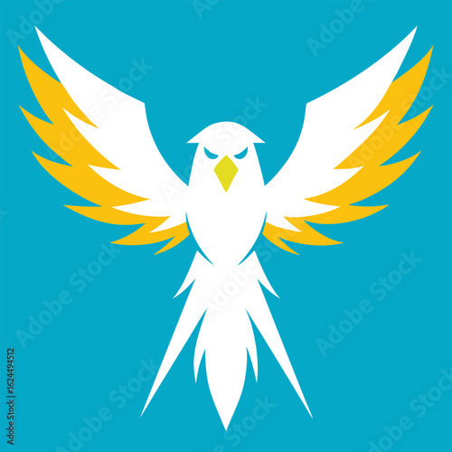 White-feathered eagle clenching lightning in each talon, on a cyan-gold split background.