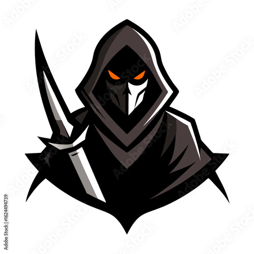 Hooded assassin holding a glowing dagger amid smoky effects, perfect for stealth-themed team design.