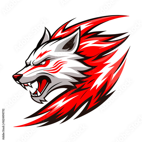 Energetic wolf head with streaked red-and-white fur lines, stylized in intense vector format.