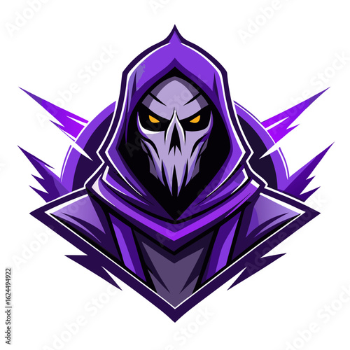 Ghost assassin wrapped in purple aura, designed with sharp monochrome vector aesthetics.