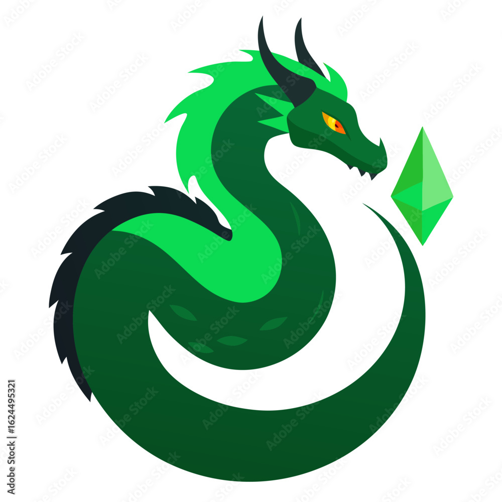 Fototapeta premium Serpentine dragon wrapped around a crystal orb with green scales and sparks of fire behind.